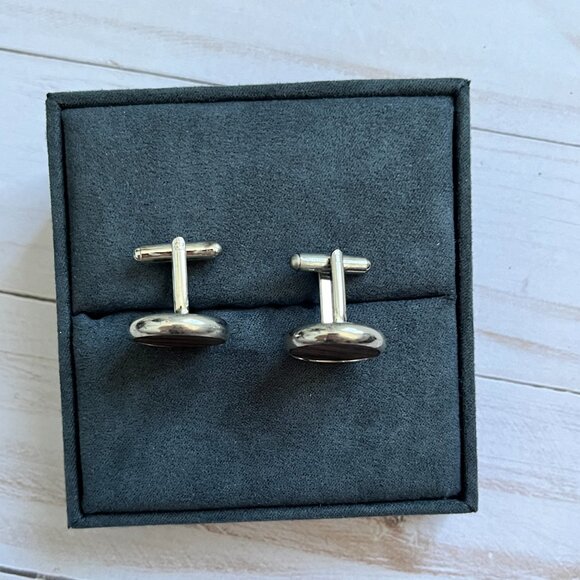 Men’s Round Wood Inlay Cufflinks Silver Tone Classic Formal - Picture 3 of 4